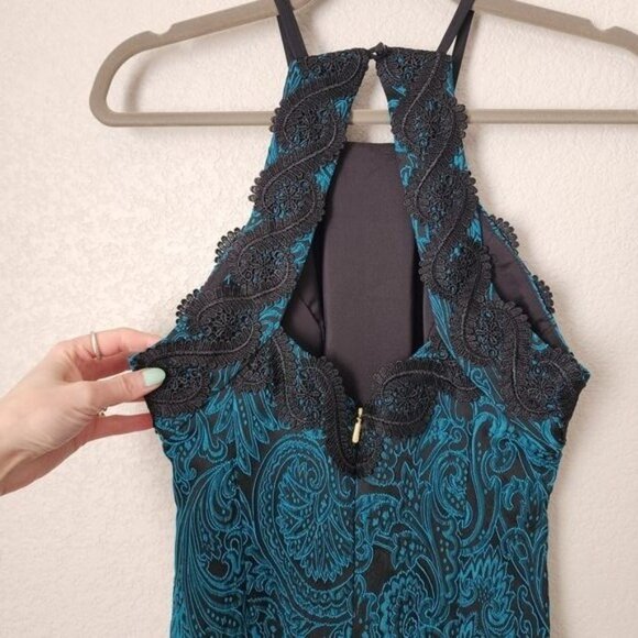 TRINA TURK Sheath Cocktail Dress Halter Neckline Lace brocade NEW teal black 2 - Picture 6 of 11